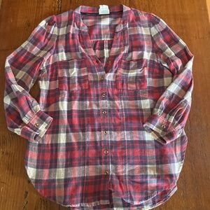 Anthropologie Plaid Button Down Woman's Flannel Pockets 3/4 Sleeve 8 Petite